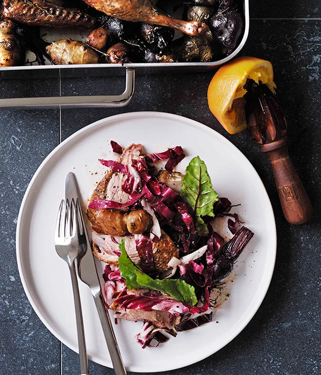 Duck with Jerusalem artichokes, beetroot and red wine