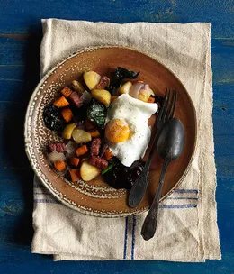 Bubble and squeak with poached eggs
