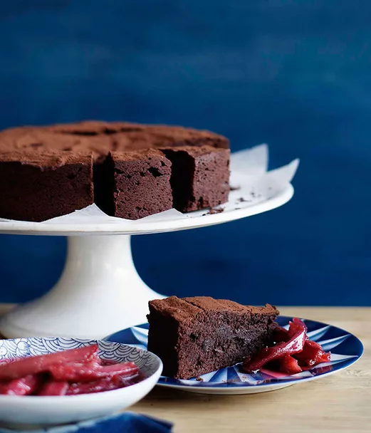 Crowd-pleasing chocolate cake with roast rhubarb