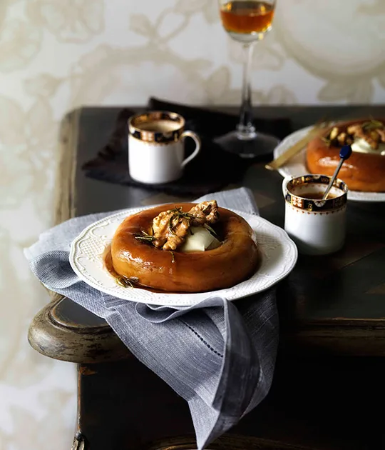 Savarin with Goat’s Curd, Honey Syrup and Walnuts