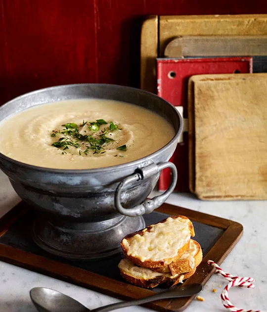 Celeriac soup with Raclette croûtons | Gourmet Traveller