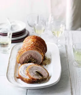Rolled pork belly stuffed with Calvados prunes