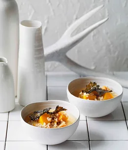 Pumpkin, barley and miso soup with fried wakame