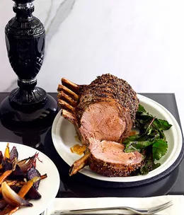 Pepper-crusted beef rib with beetroot and wilted beetroot greens