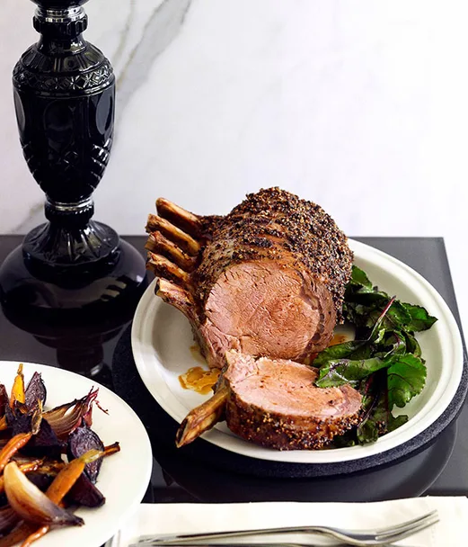 Pepper-crusted beef rib with beetroot and wilted beetroot greens
