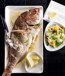 Vermouth snapper with fennel, celeriac and soft egg