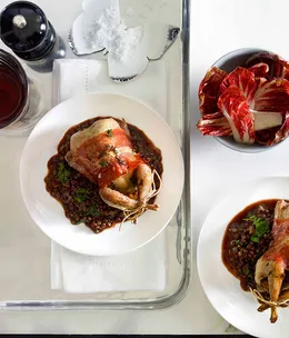 Thyme-roast quail with prosciutto and red wine lentils