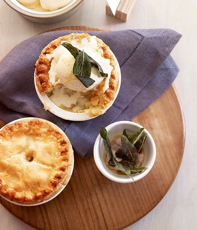 Deep-dish apple, pear and vanilla pies with crisp sage and brown butter ice-cream