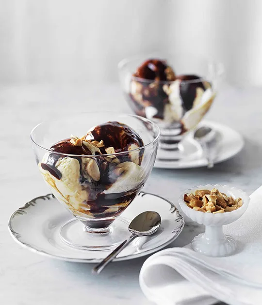 Salted peanut-caramel ice-cream with hot fudge sauce | Gourmet Traveller