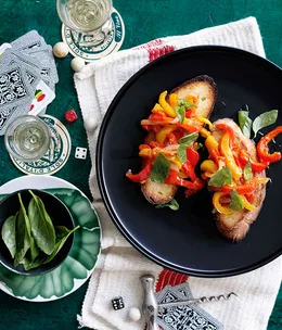 Peperonata e pane (roast peppers on day-old bread with basil)