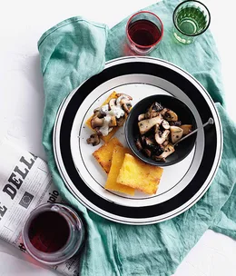 Fried polenta with mushrooms and Gorgonzola
