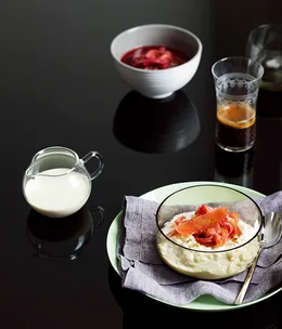 Breakfast risotto with poached rhubarb