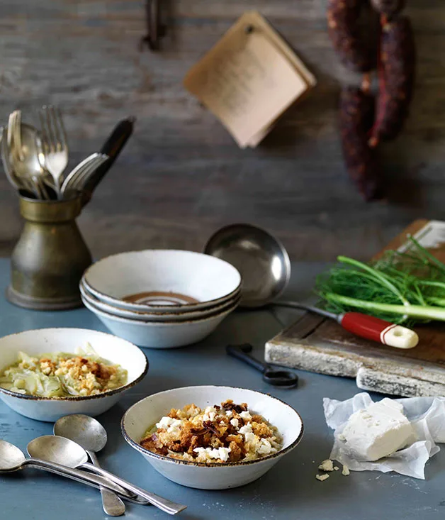 Fennel soup with coppa and goat’s cheese crust