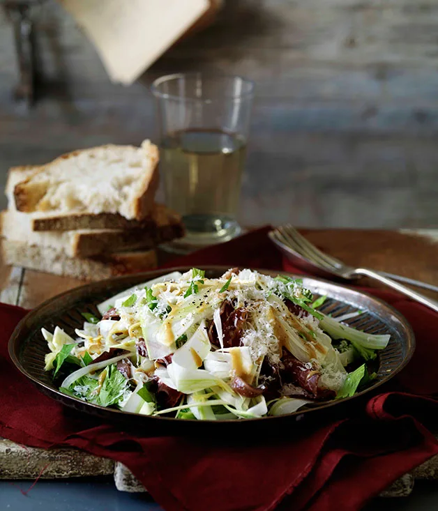 Shaved celery heart, anchovy and bresaola salad with mustard dressing