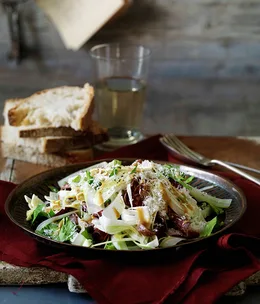 Shaved celery heart, anchovy and bresaola salad with mustard dressing