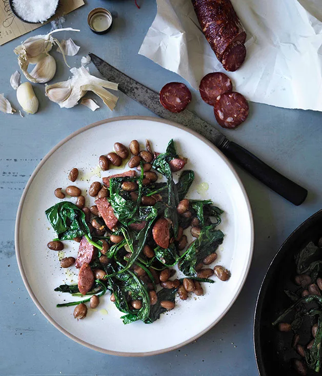 Pan-fried cavolo nero, salami and borlotti beans