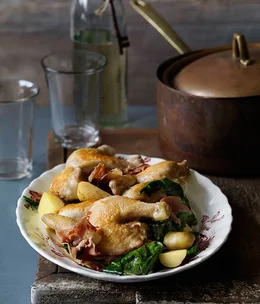 Braised spatchcock with prosciutto, potato and chicory