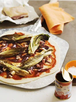 Radicchio, pancetta and balsamic onion pizza