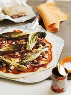 Radicchio, pancetta and balsamic onion pizza