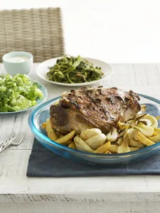 Roast lamb, artichokes and potatoes
