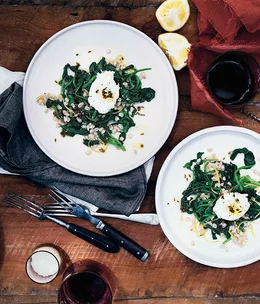Spinach and pearl barley salad with goat’s curd and spiced oil