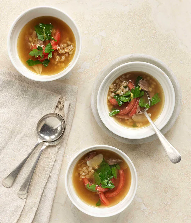 Lamb shank and farro perlato broth