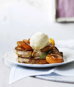 Verjuice apricots with brioche and vanilla ice-cream