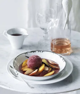 Pinot and vanilla sorbet with peach salad