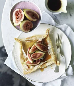 Fig, goat’s curd and honey filo tartlets