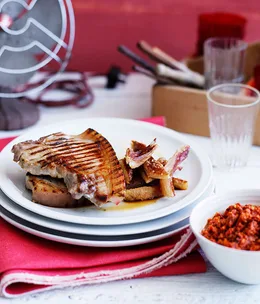 Pork chops with romesco and crackling