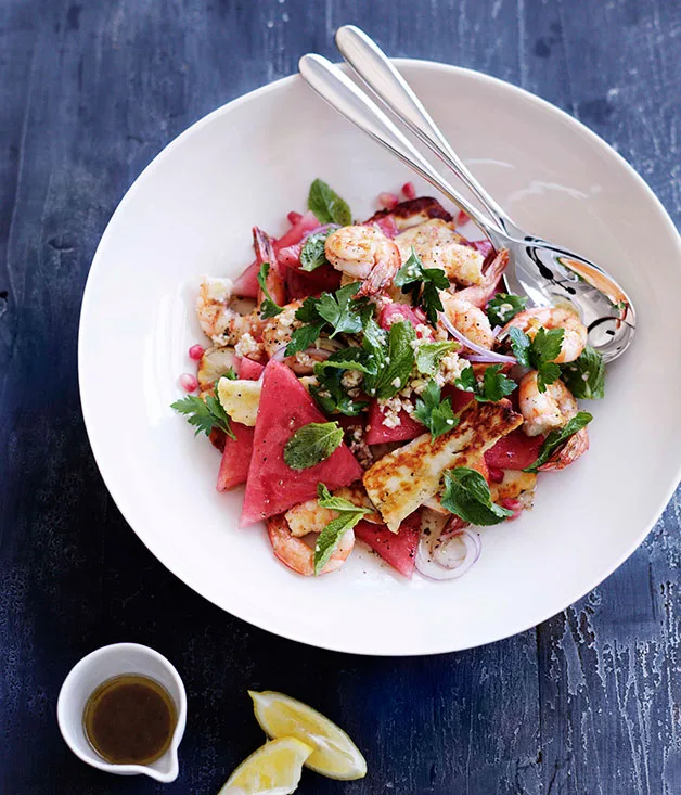 Prawn, haloumi and watermelon salad