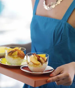 Coconut pearls with stone-fruit salad and mango sorbet