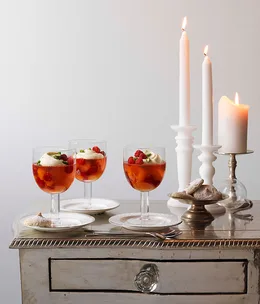 Peach Melba jellies with pistachio macaroons