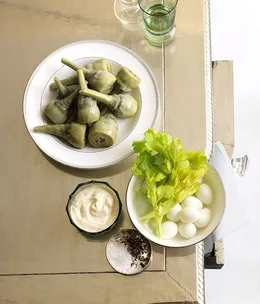 Walnut and lemon aïoli with artichokes and quail eggs