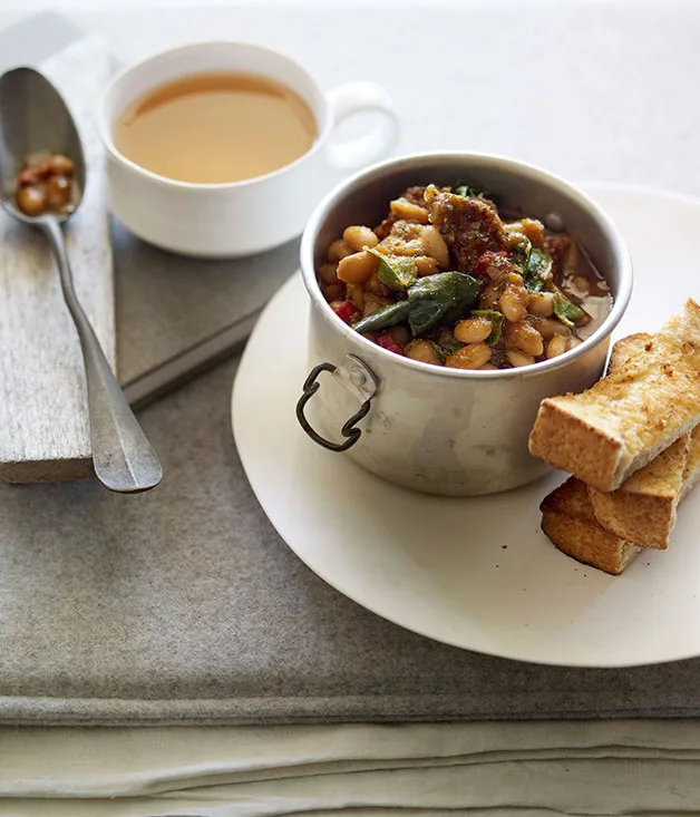 Smoked pork ribs with white beans and rainbow chard