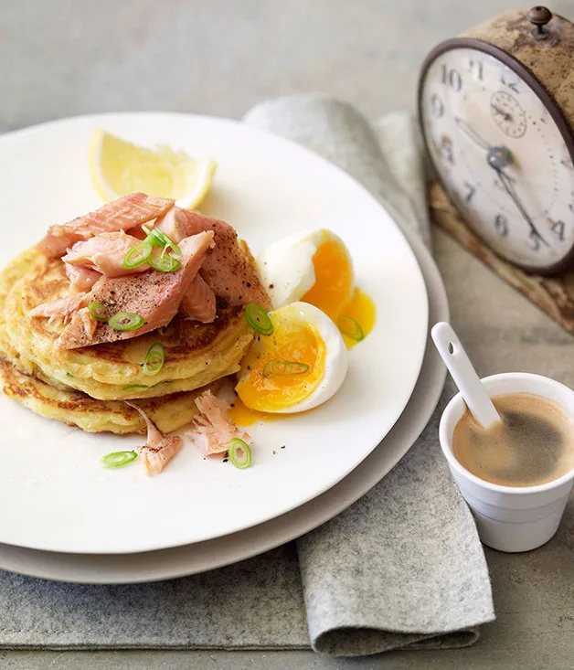 Leek pikelets with smoked rainbow trout and soft-boiled egg