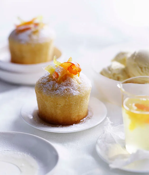 Lemon and pink grapefruit syrup cakes with vanilla bean ice-cream