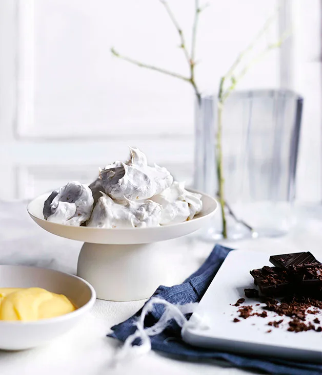 Lemon curd with peppered-walnut meringues and bittersweet chocolate