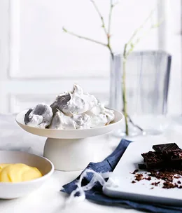 Lemon curd with peppered-walnut meringues and bittersweet chocolate