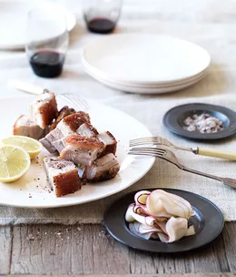 Salt-and-pepper pork with lemon and pickled kohlrabi
