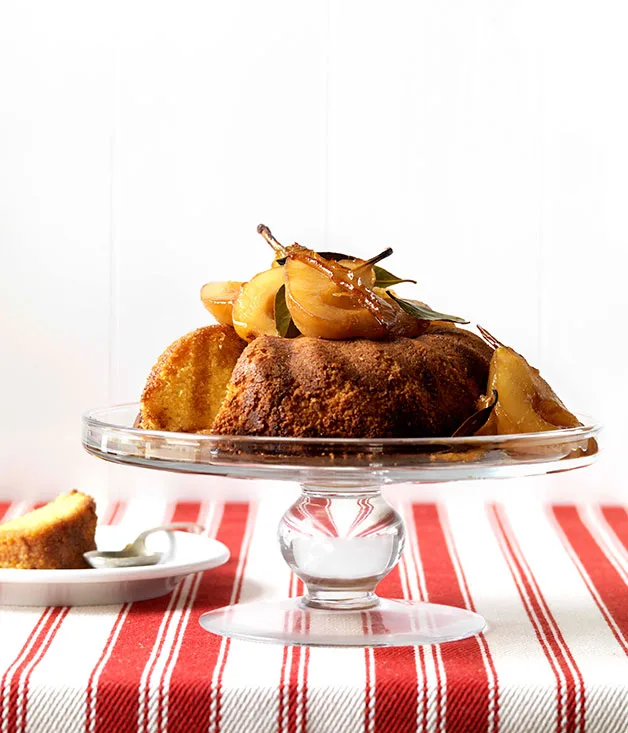 Olive oil and polenta cake with vermouth pears