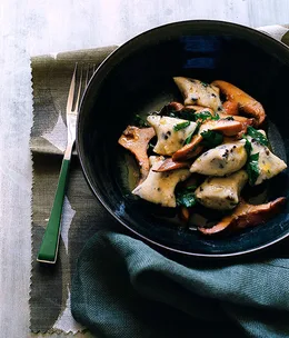Olive gnocchi with pine mushrooms