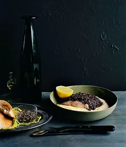 Tapanata-crusted trevalla with white polenta