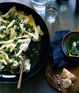 Silk handkerchiefs with green olive and herb sauce