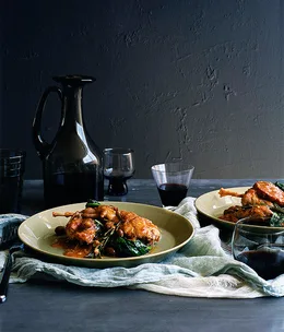 Braised wild rabbit with salami, cavolo nero and olives