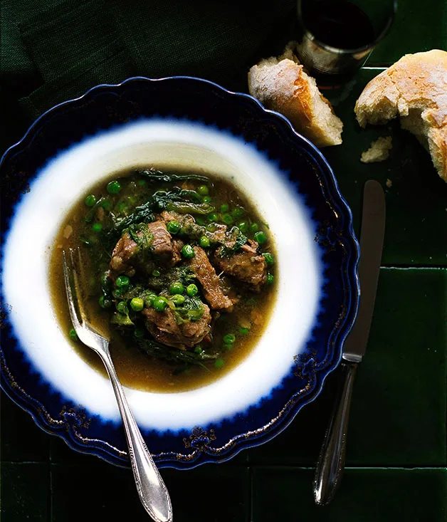 Lamb with anchovies and peas