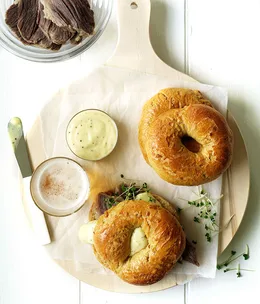 Salt beef with caramelised onion bagels and hot mustard sauce