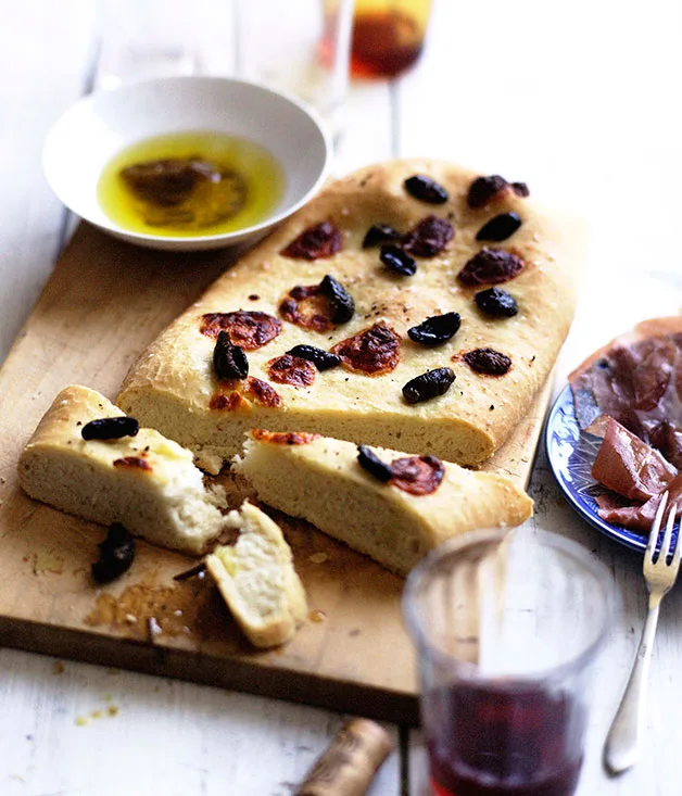 Wild olive and stracchino schiacciata with rosemary oil