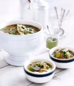 Chicken, pea and fennel broth with tarragon sauce