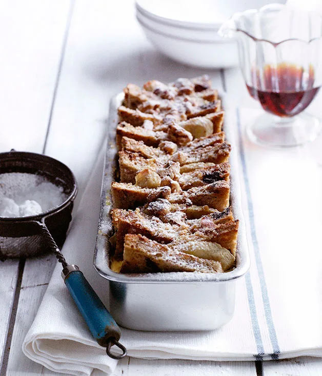 Maple, banana and walnut bread pudding